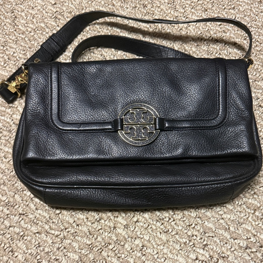 Tory Burch Black Leather Shoulder Bag with Gold Accents
